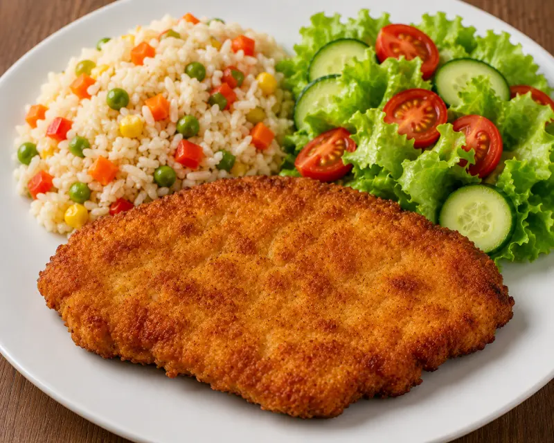 Șnițel de porc, orez cu  legume și salată - Meniul Zilei Căsuța Barajului